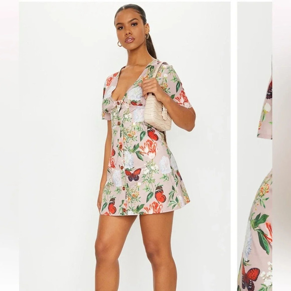 NEW PrettyLittleThing Beige Floral Print Criss Cross Button Bodycon Dress Size 2 - Picture 4 of 12